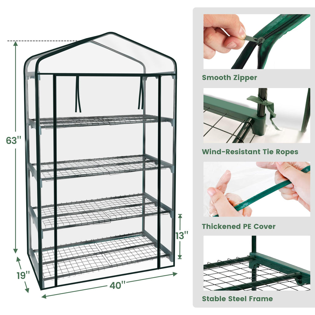 50% Extra Wide Mini Greenhouse 4 Tier Portable Plant Green House 40in Wide -Sturdy Gardening Shelves with PVC Cover