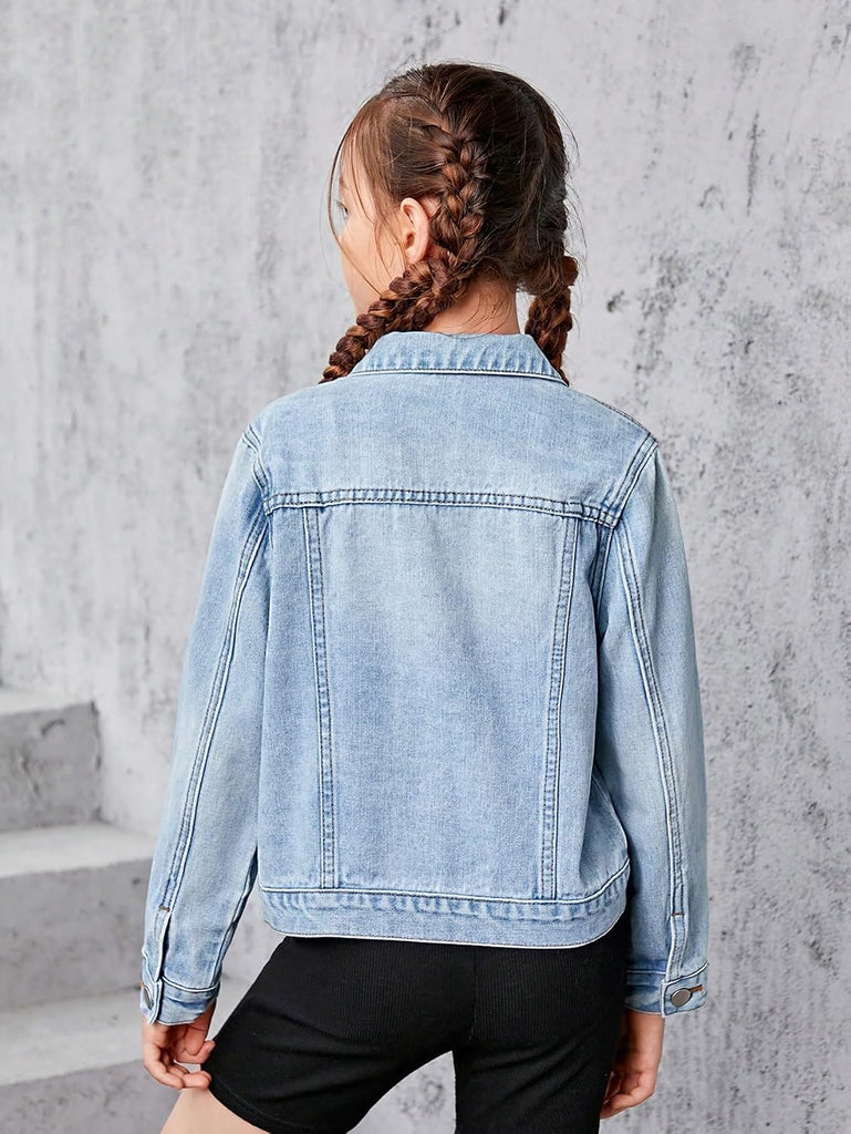 Girl's Jean Jacket Ripped Flap Button Front Collared Denim Jackets