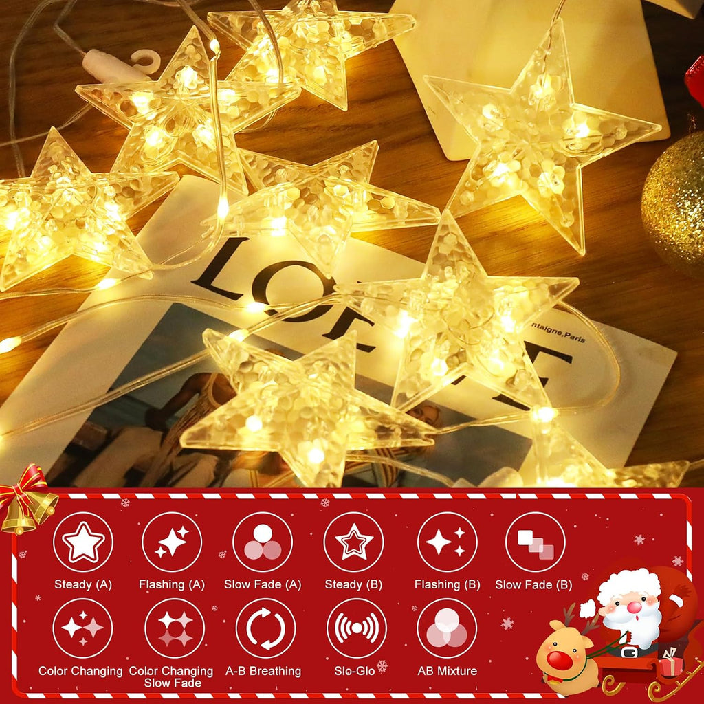 Christmas Window Lights, 76LED 9 Stars IP65 Battery Operated Star Curtain Lights 11 Modes with Timer, Xmas Decoration