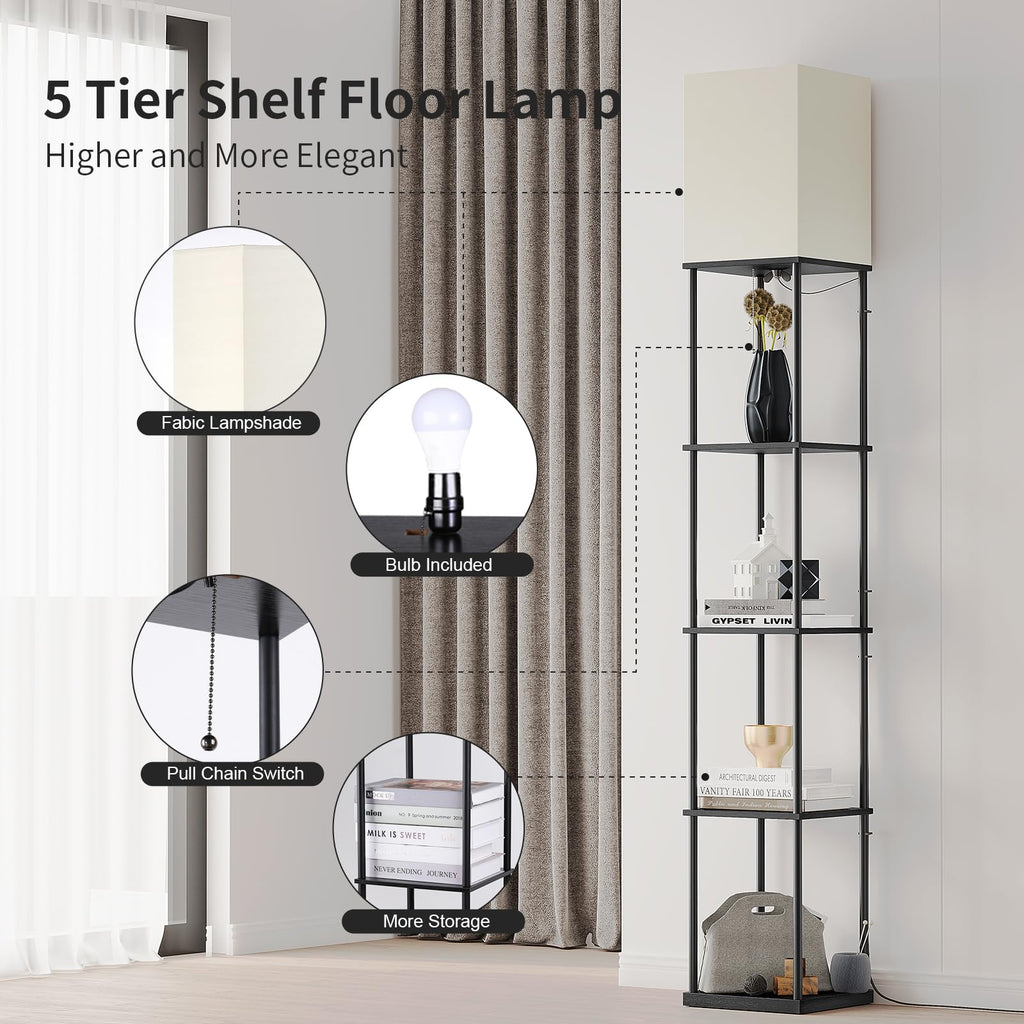 5 Tier Floor Lamp with Shelves, Modern Square Standing Lamp with 3 Color Temperature Bulb, Corner Display Bookshelf