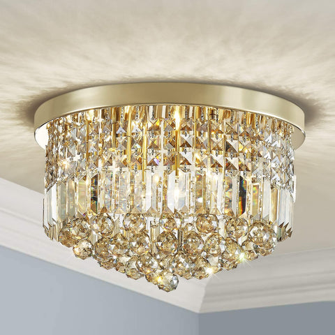 9 Light Modern K9 Crystal Raindrop Chandelier Lighting, Flush Mount, Perfect for Dining Room Bedroom; E12 Bulb Base; Height 11" x Diameter 20"; Champagne Crystal & Gold Finish A100-B0B5632YTQ