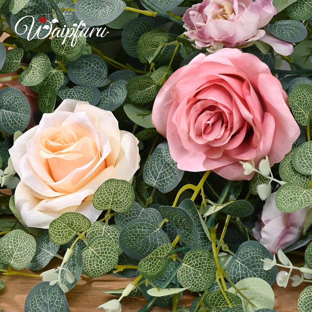 Flower Garland Decorations, 6.07Ft Pink Floral Rose Garland, Artificial Eucalyptus Greenery Vines with Flowers