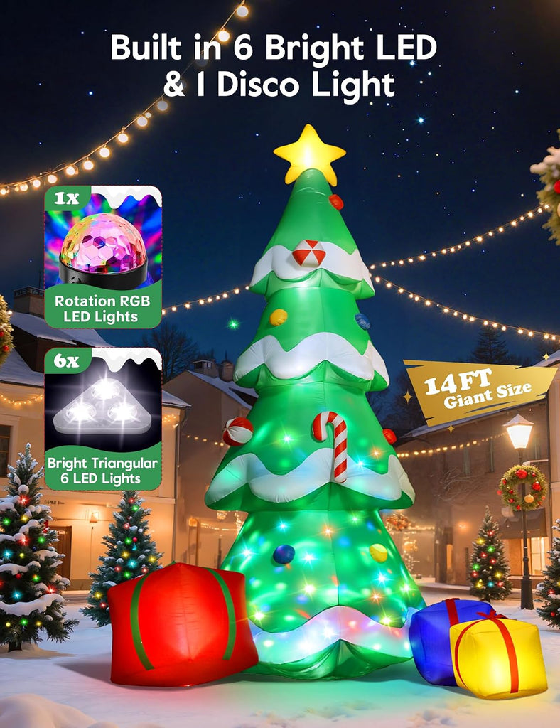 14FT Christmas Tree Inflatables Outdoor Decoration, Giant Inflatable Christmas Tree with 3 Gift Boxes, Lighted
