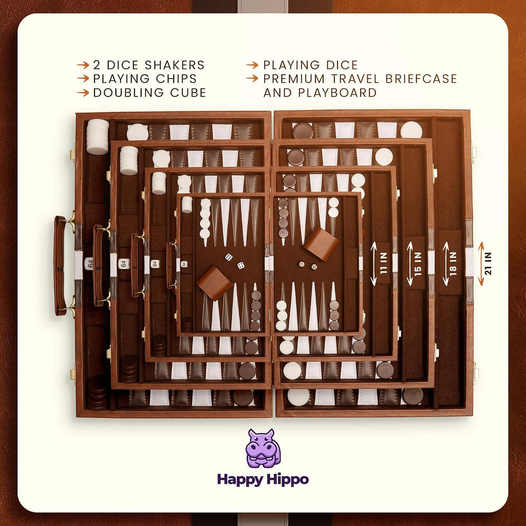 Backgammon Board Game, Deluxe Leather Like Case, Felt Interior, Brown, Classic Backgammon Game, Popular Board Game