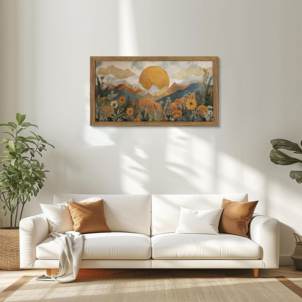 Framed Boho Landscape Large Wall Art, Abstract Sun Mountain Canvas Wall Decor Painting, Modern Floral Botanical