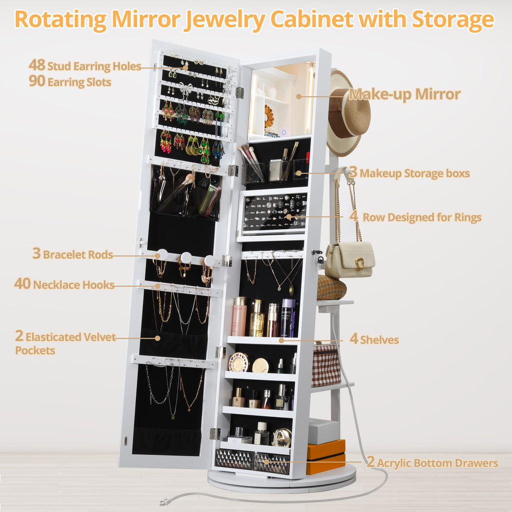 360° Swivel Jewelry Cabinet with Full-Length Mirror, Power Outlet