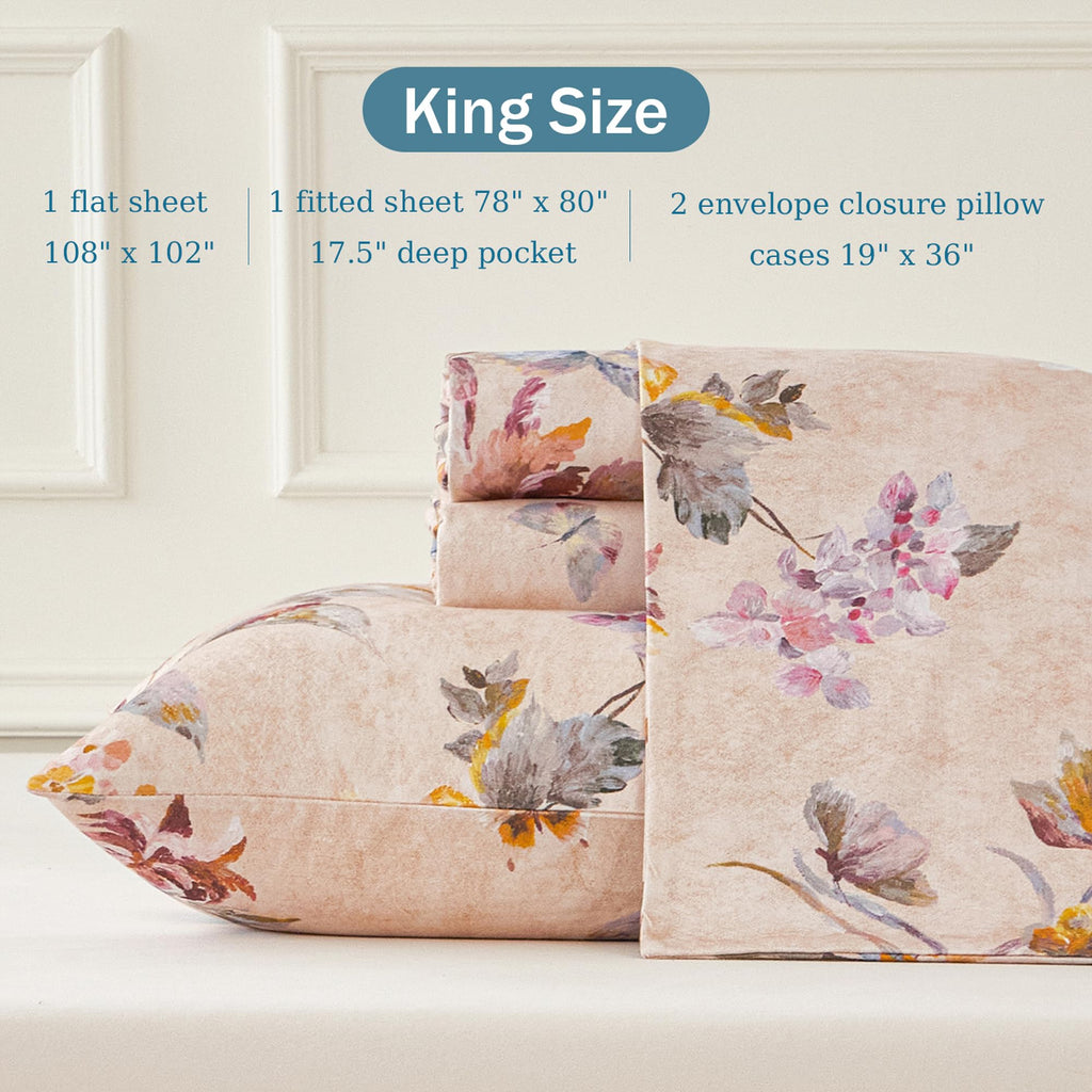 Beige Floral Bed Sheets Set King 100% Brushed Cotton Flannel-Like Sheets Luxury Vintage Tulip Flower Printed