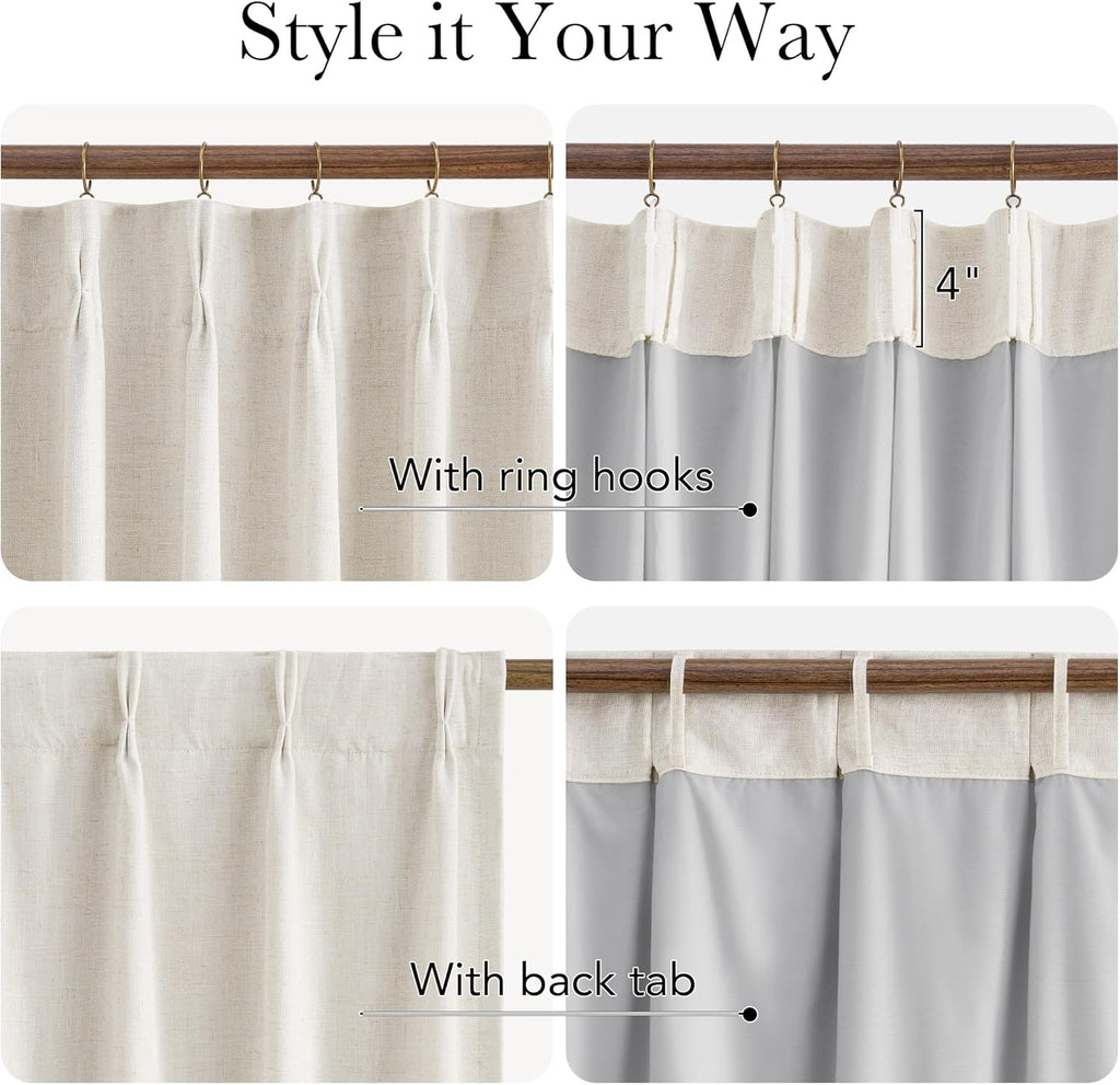 100% Blackout Pinch Pleated Curtains 96 inches Long 2 Panels Set, Linen Blend Thermal Drapes Window Treatments , W40