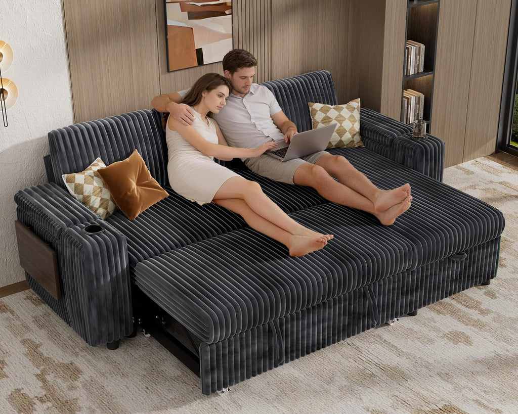 86" Modular Sectional Sleeper Sofa with Pull Out Bed, 3 Seat Plush Corduroy L Shaped Couch with Storage Chaise|USB