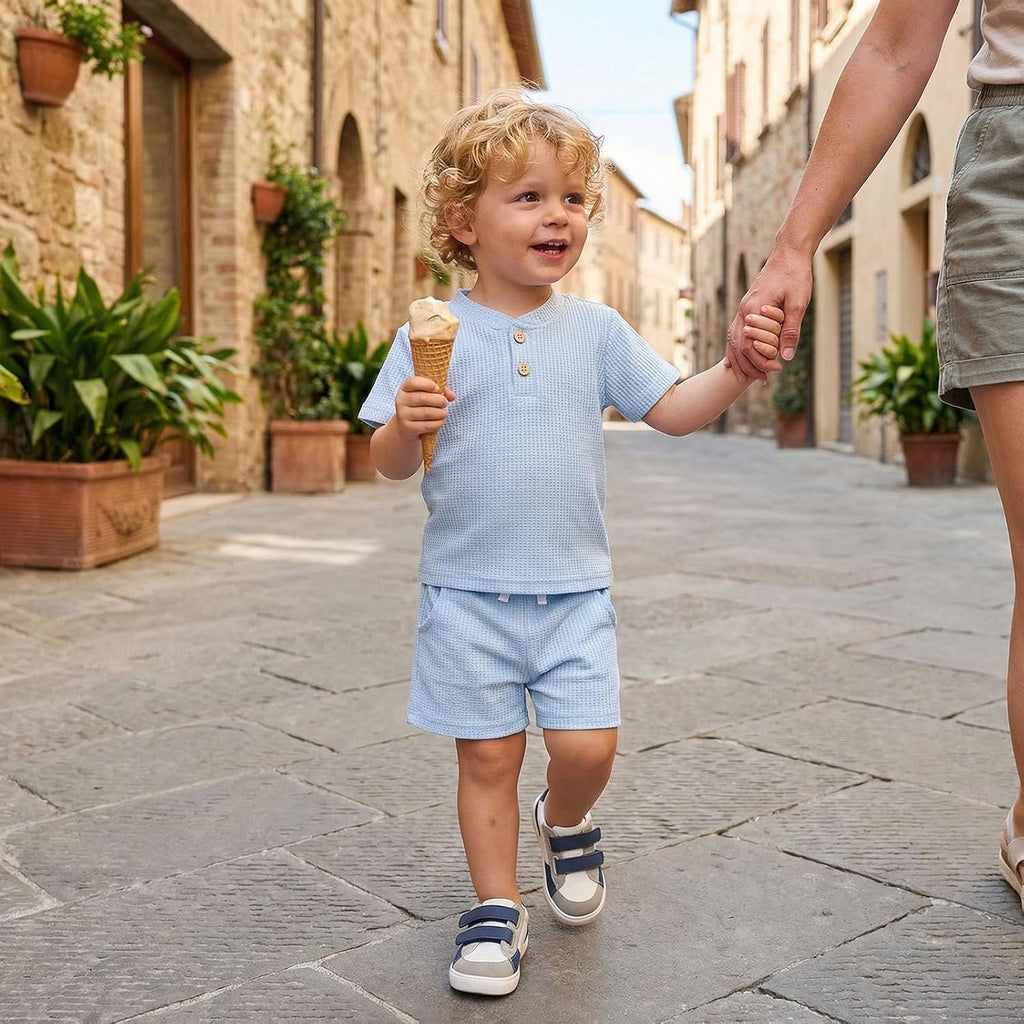 Toddler Baby Boy Summer Clothes Button Waffle Short Sleeve T-Shirt Top Elastic Waist Shorts Set 2Pcs Infant Outfit