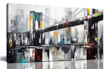 Brooklyn Bridge Wall, New York City Canvas Wall Decor, Black and White Picture Print, Size 20x40 Inches
