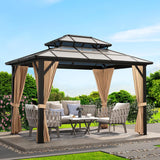 12'x10' Hardtop Gazebo, Heavy Duty Aluminum Permanent Hardtop Gazebo Outdoor Pavilion with Curtains and Netting for Garden (Khaki, PC Top / 12'x10')