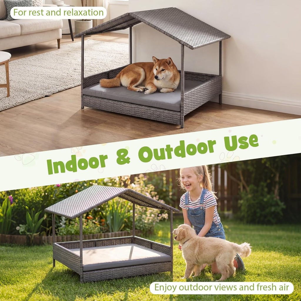 Outdoor Wicker Dog House with Roof Canopy, Elevated Rattan Dog Bed with Washable Cushion, Weatherproof Patio Pet Bed