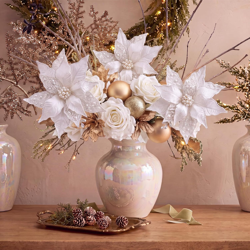 6 Pcs Large Pearl Christmas Poinsettia Ornaments