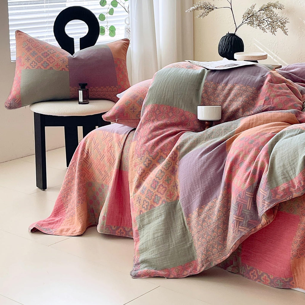 100% Cotton Double Layer Yarn Duvet Cover Set, Vintage Patchwork Floral Jacquard Textured Comforter Cover, Reversible