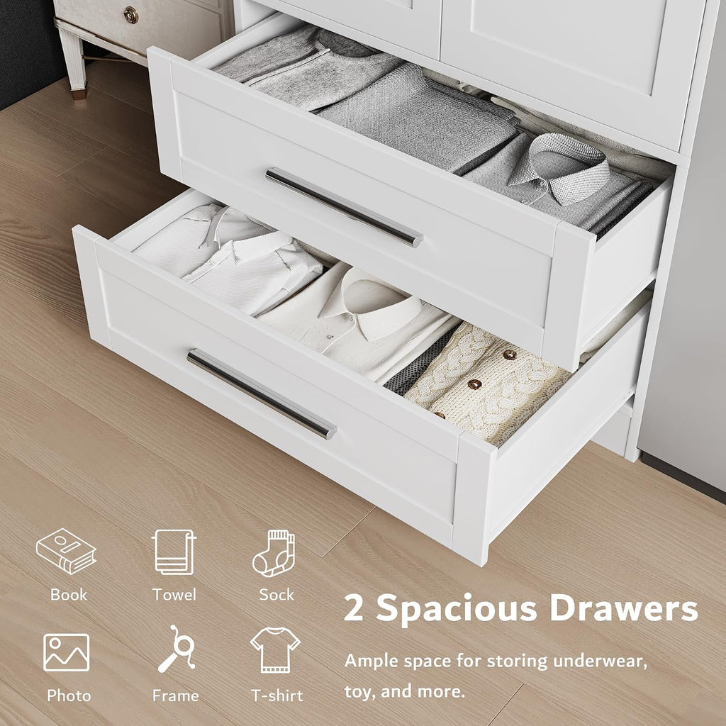 Armoire Wardrobe Closet with 2 Drawers, Modern Wooden Bedroom Armoire with Doors, Clothing Storage Cabinet with