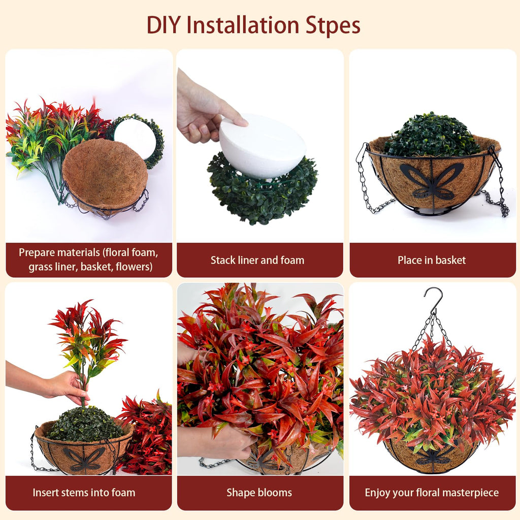2PCS Artificial Hanging Flowers for Outdoors with Hanging Basket, 22.8" 10pcs UV Resistant Fall Faux Flowers, Fake