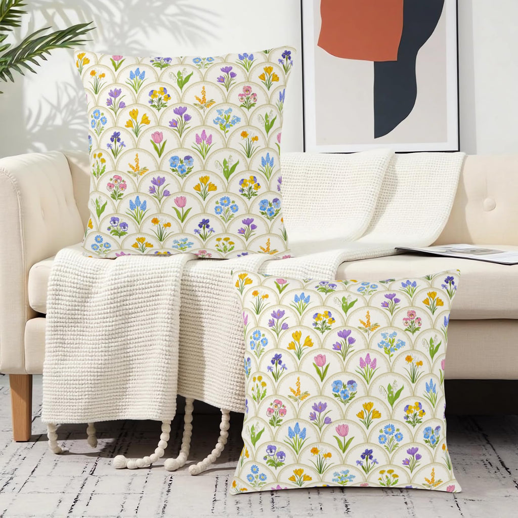 Spring Floral Throw Pillow Covers 16x16 Set of 2 Pink Yellow Blue Flower Decorative Pillow Case Outdoor Farmhouse