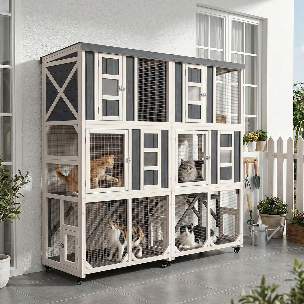 63.5" H Outdoor Cat Enclosure, Wooden Window Catio with Wheels