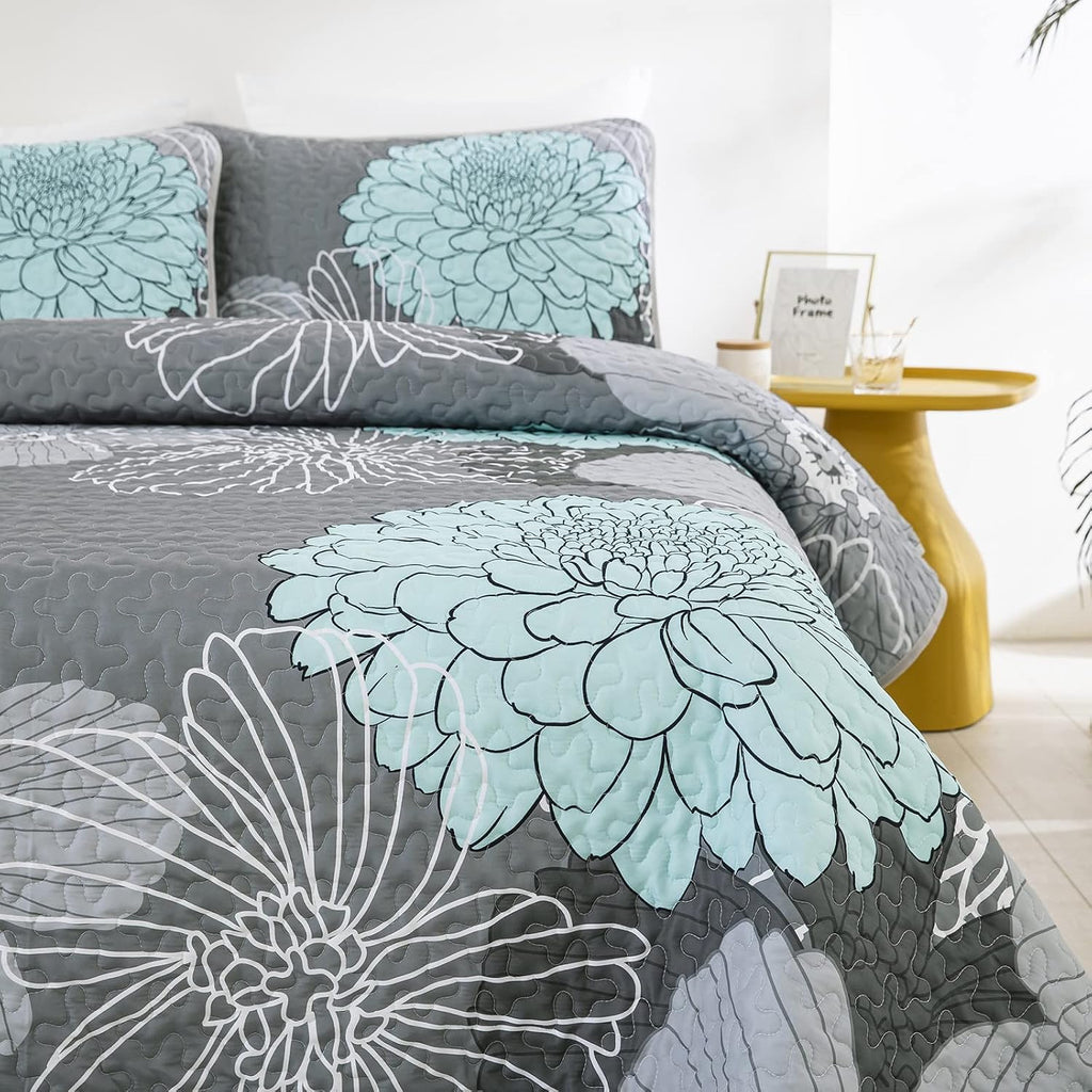 Green Floral Queen Quilt Set - 3 Pieces Boho Flower Quilt Coverlet Elegant Bohemian Bedspread with 2 Pillowcases Soft