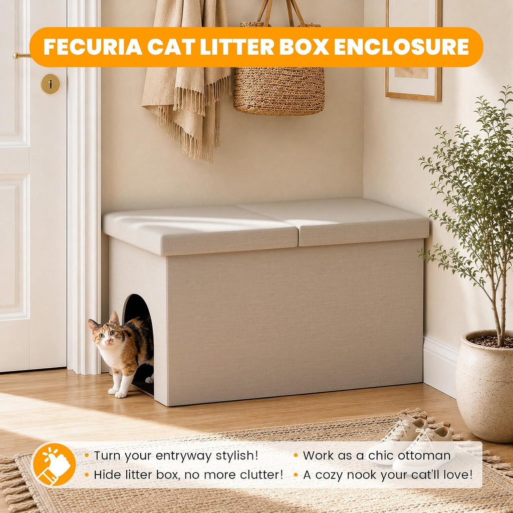 3-in-1 Cat Litter Box Enclosure Furniture, Beige