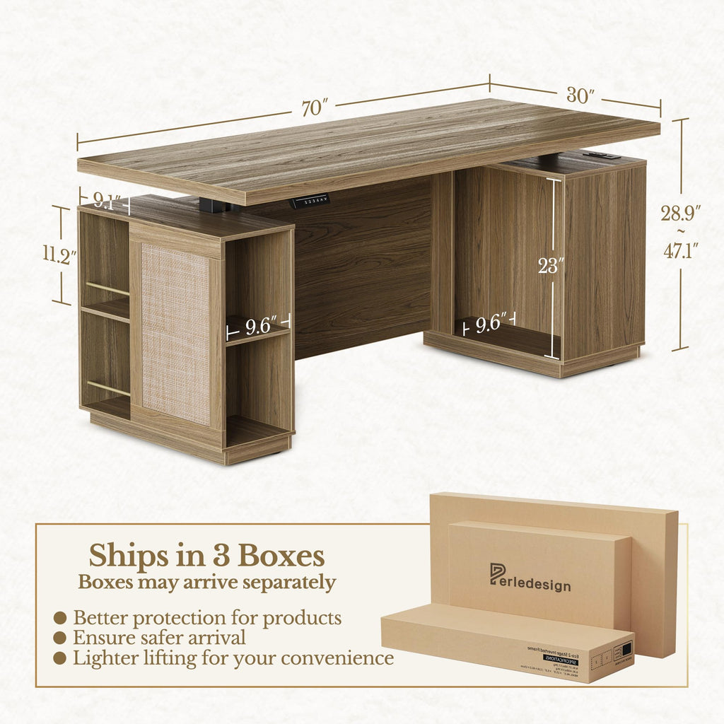 70" Standing Desk with Storage, Executive Electric Height Adjustable Stand Up Desk with AC/USB, Privacy Panel, Large