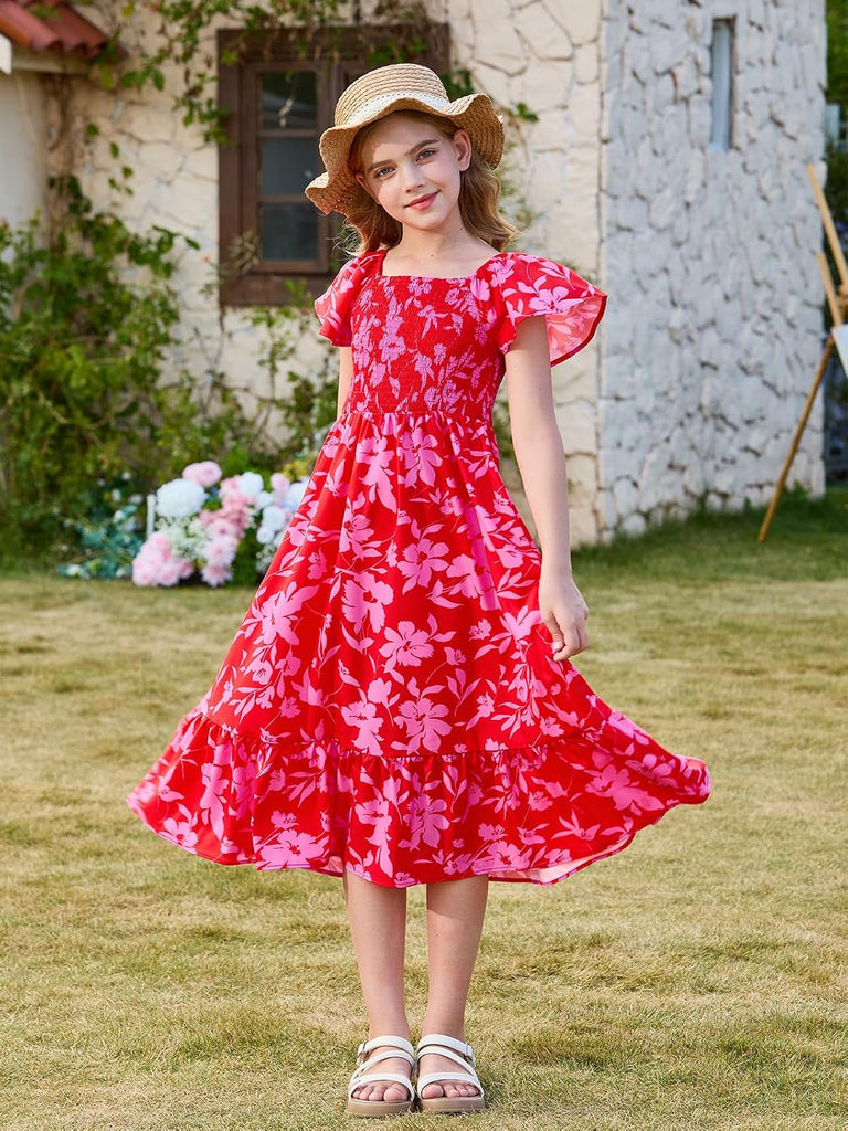 Girls Summer Dress Kids Square Neck Ruffle Sleeve Smocked Midi Dresses with Pockets