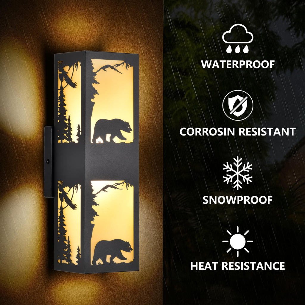 Rustic Exterior Wall Lights with Bear Pattern, Black Porch Lights Outdoor with Warm Amber Lampshade, Waterproof Up