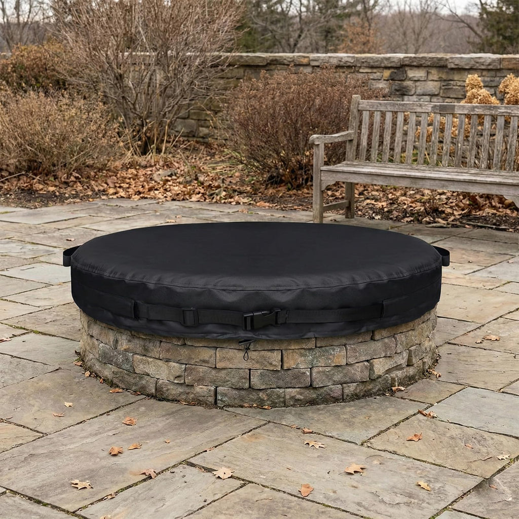 Outdoor Fire Pit Cover Round for In-Ground Fire Pits 61-66 Inch, 600D Oxford Waterproof Weather-Resistant Firepit