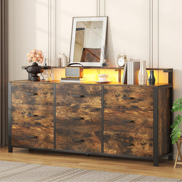 63'' Rustic Brown Dresser, 9 Drawer Dresser with Power Outlet and Led Lights, Bedroom Furniture with Wooden Drawer