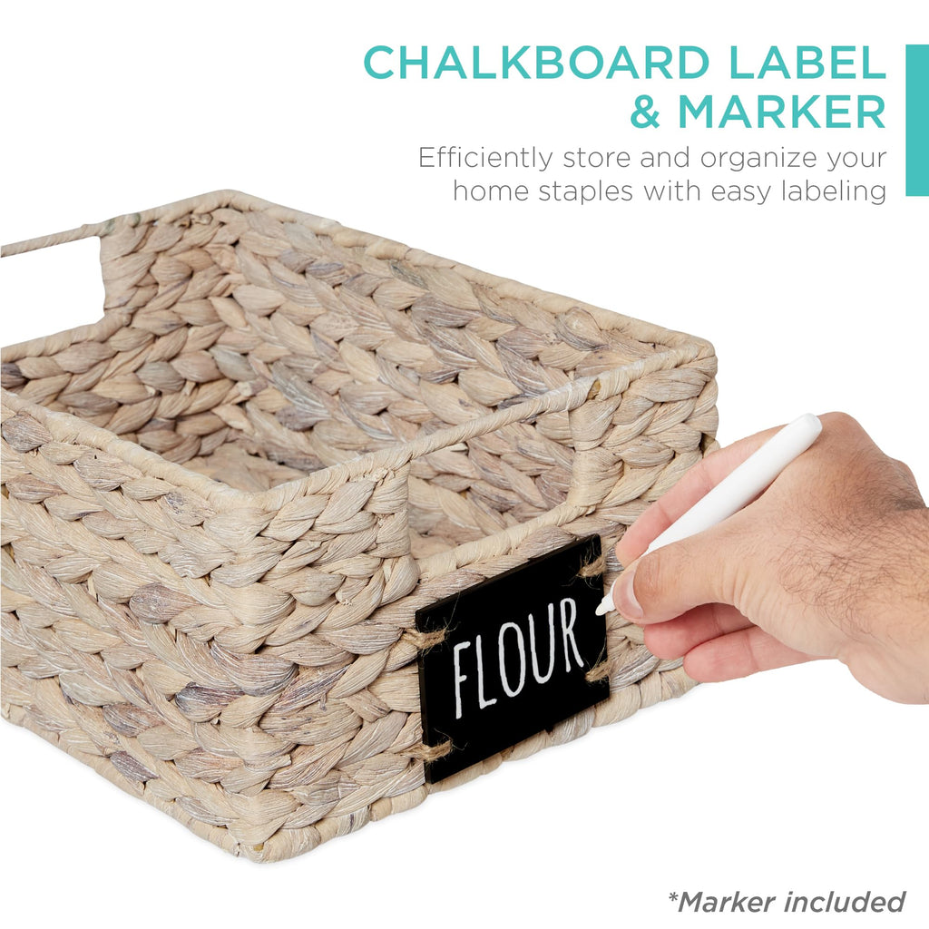 Set of 4 9x12in Water Hyacinth Pantry Baskets, Woven Organizers w/Chalkboard Label, Chalk Marker - White
