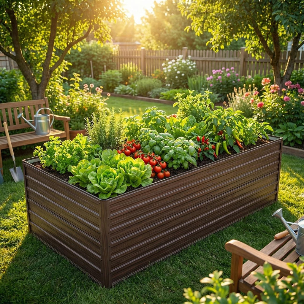 8x4x2 FT Galvanized Metal Raised Garden Bed Kit with Woodgrain Finish, Large Open-Bottom Outdoor Planter Box for