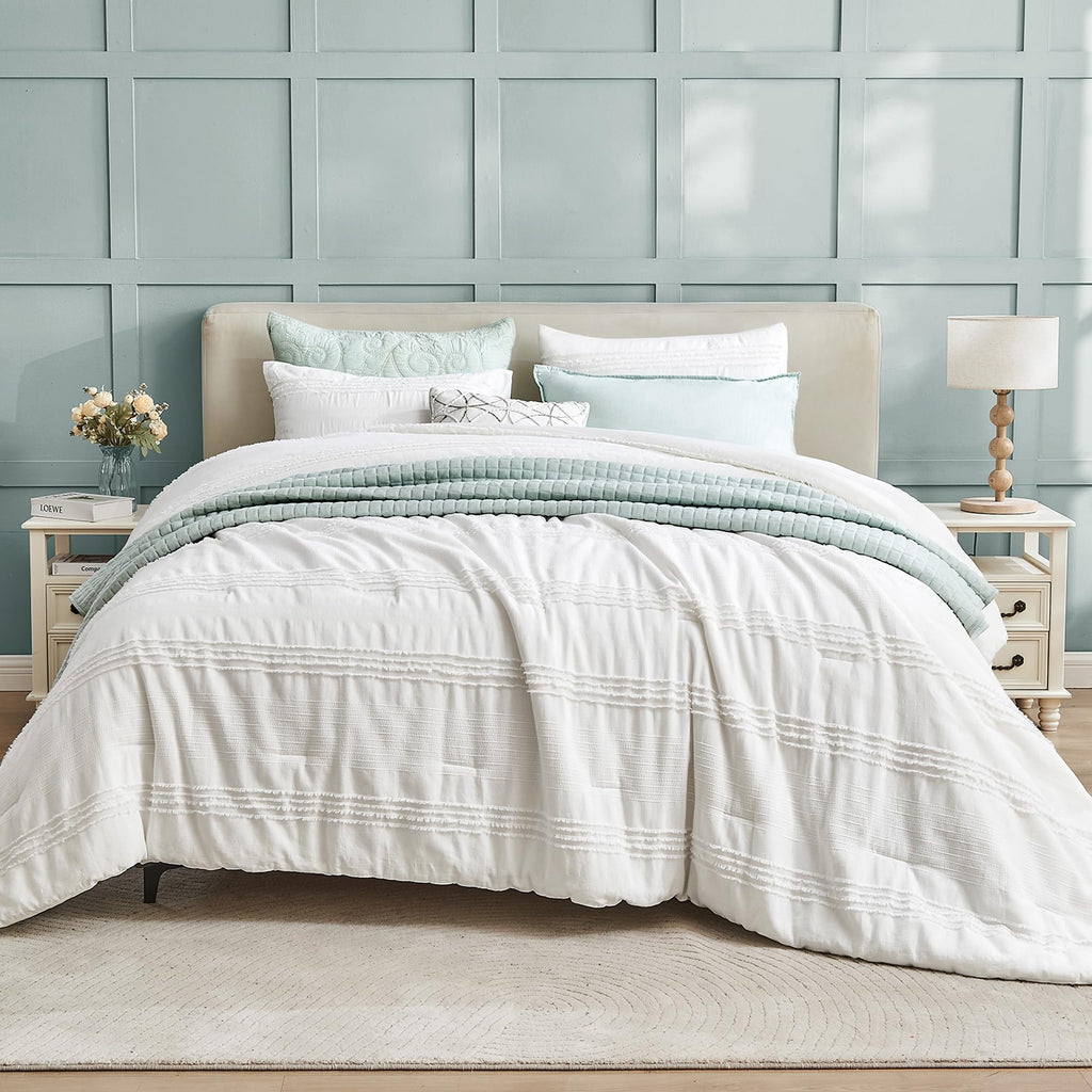 White Comforter Set Queen, Clipped Jacquard Striped Cotton Lightweight Comforter with Pillow Shams, Fluffy Bedding