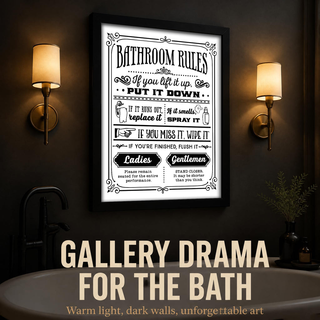 Framed, Black and White Wall Art - Funny Toilet Rules Prints, Humorous Restroom Sign Canvas, Washroom Regulations