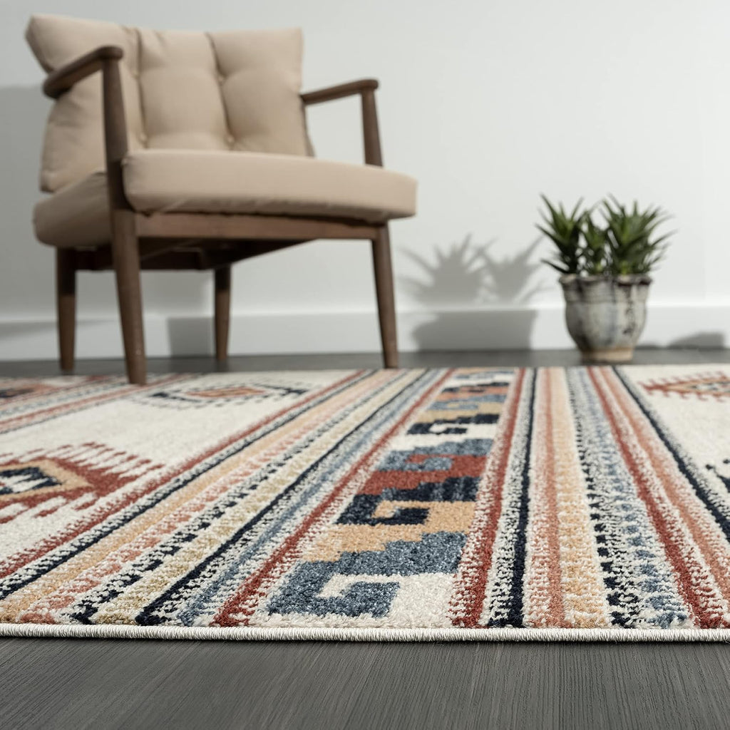 Multicolor Southwestern Design Area Rug - Non-Shed Orange, Grey & Beige Tribal Pattern Dining Room Carpet Rugs