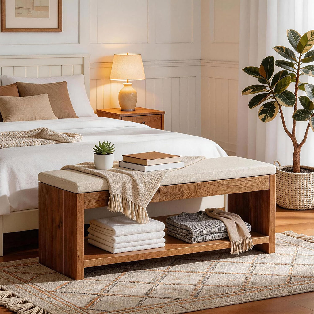 End of Bed Bench with Cushion , 55.1-Inch Wooden Upholstered Storage Bedroom Bench with Shoe Rack