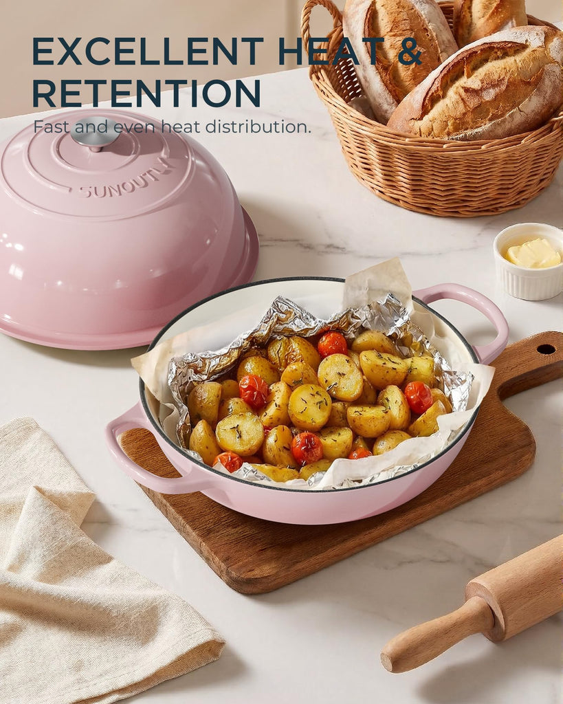 Enameled Cast Iron Dutch Oven for Bread Baking, 6QT Meatloaf Pan, Pink