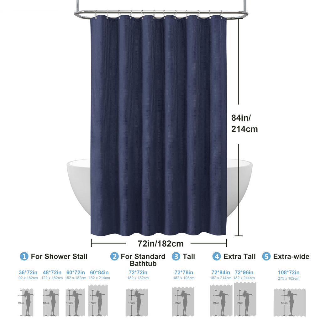 Waffle Weave Shower Curtain with Stainless Steel Hooks - 230 GSM Heavy Duty Fabric Bath Curtains, Hotel Luxury