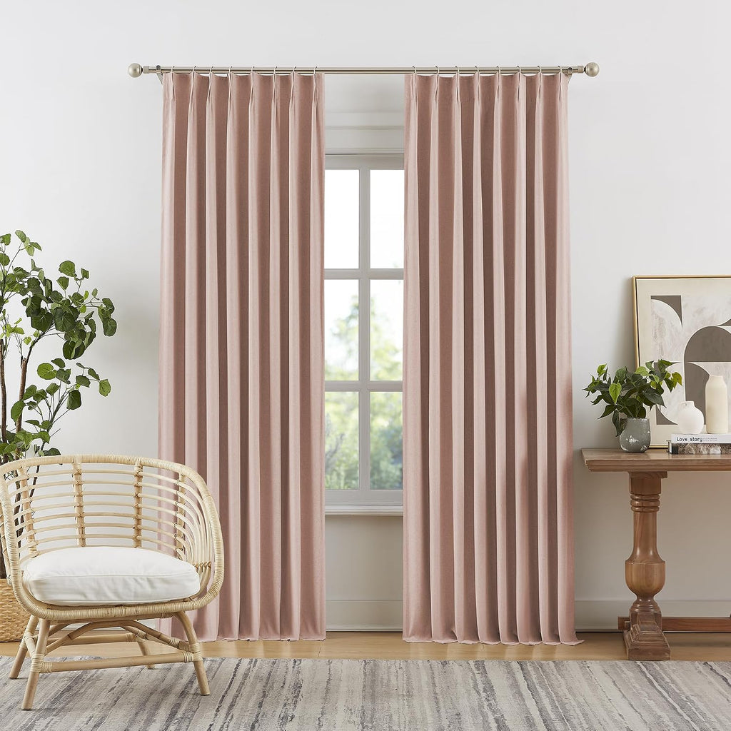 Cute Dusty Pink Blackout Linen Curtains 92 Inches Long - Rose Blush Pinch Pleat Track Curtains Blackout with Hooks