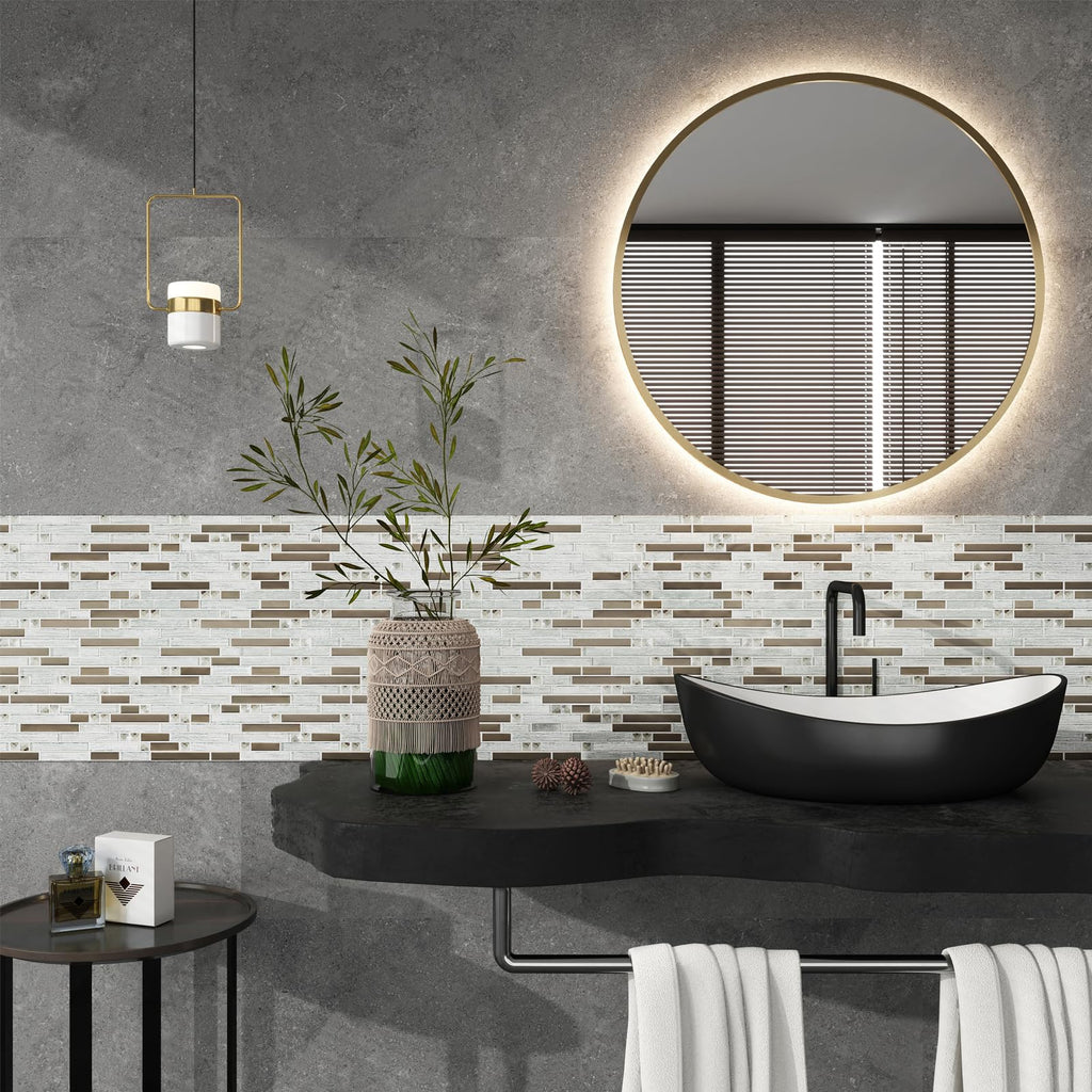 White Silver Glass Mosaic Tile 12x12 Waterproof Kitchen & Vanity Wall 5Sh