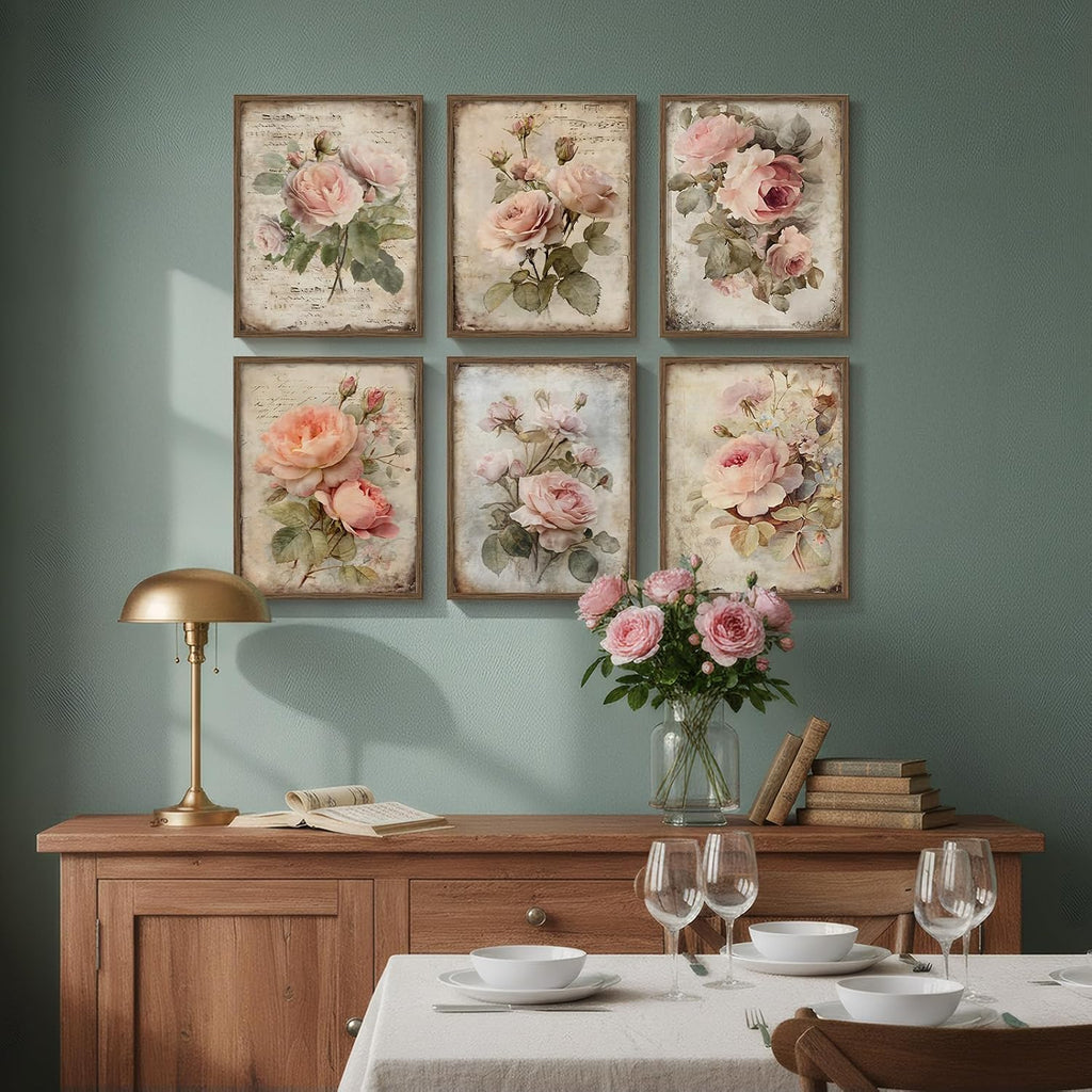 Framed Vintage Floral Wall Art, Set of 6 Boho Pink Rose Flower Canvas Painting Prints Artwork for Rustic Farmhouse