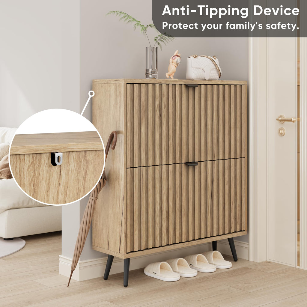 Shoe Cabinet with 2 Flip Drawers, 31.5" Natural Hidden Shoe Storage Cabinet with Fluted Design, Freestanding Shoe