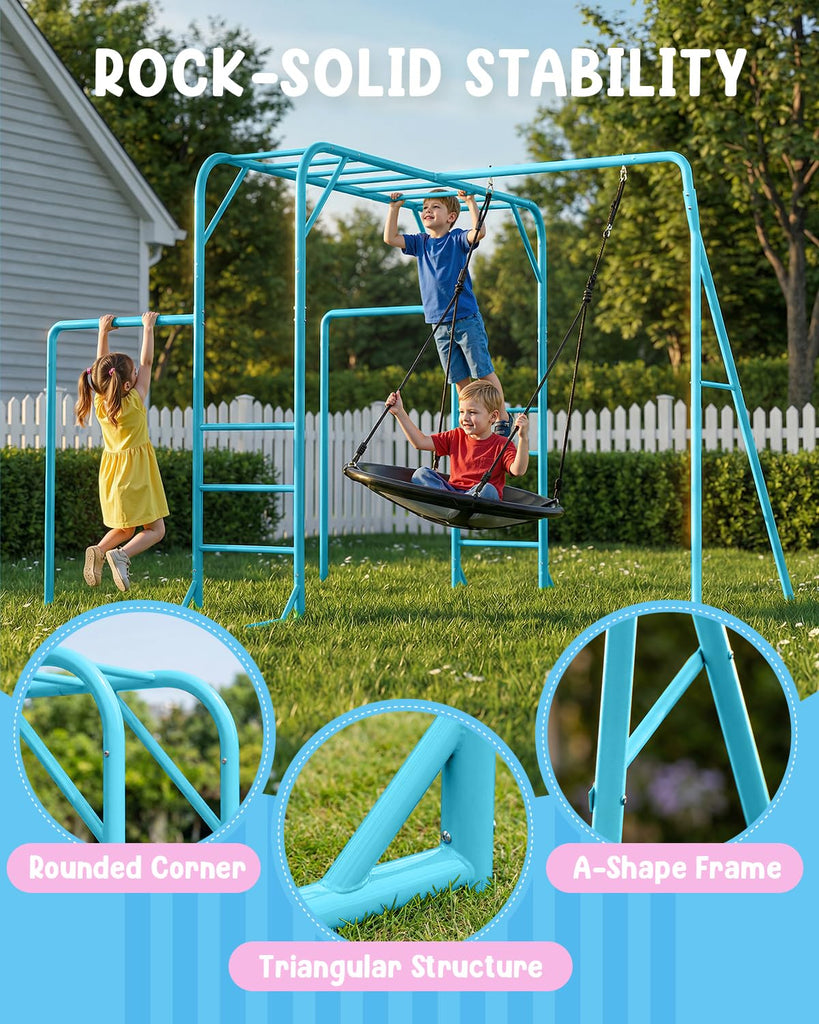 Monkey Bars Set for Backyard with Climbing Frame & Saucer Tree Swing, Playground Metal Swing Set with Monkey Bars