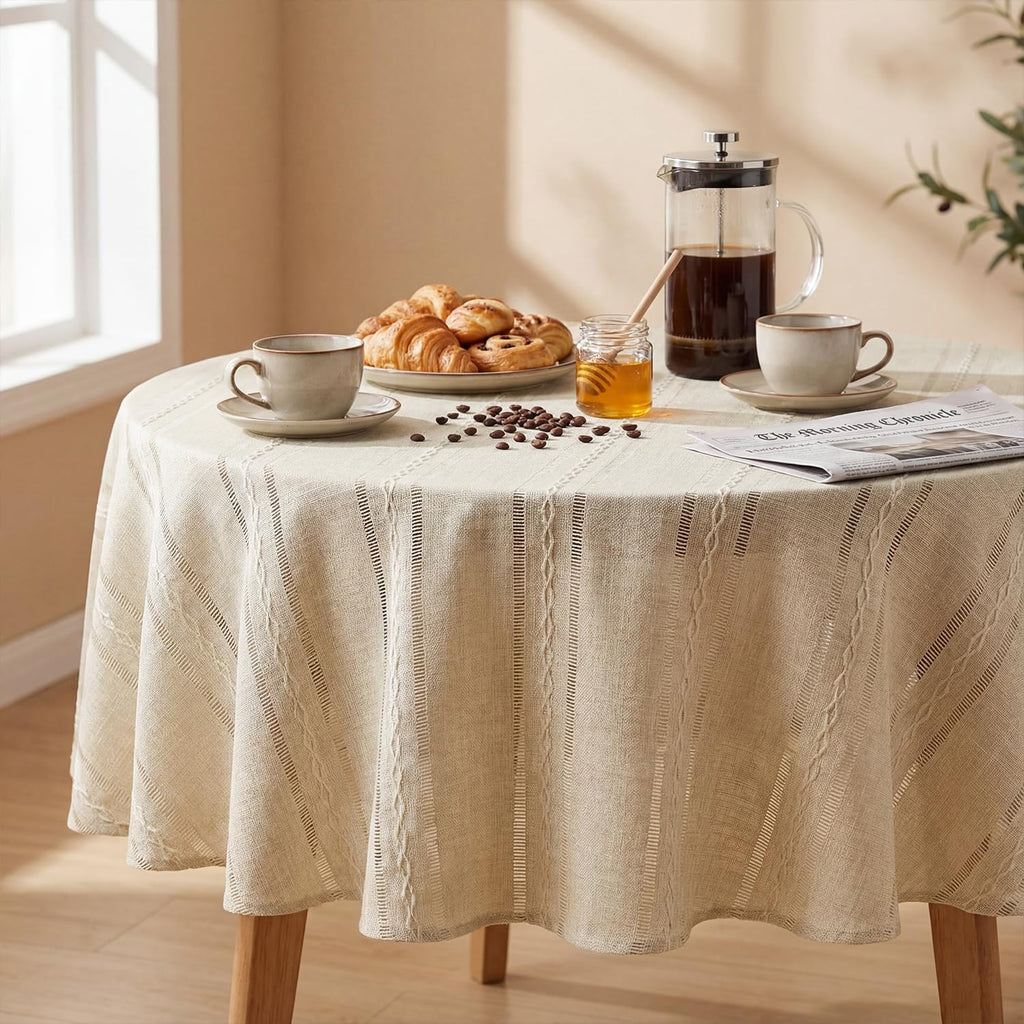 Beige Round Tablecloth, 60×60 Inch, Farmhouse Decor