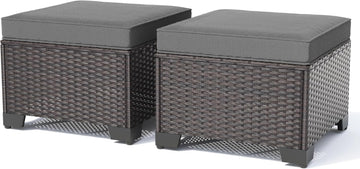 Outdoor Ottoman Set of 2,Footstool with Thickened Cushion,Grey | All-Weather PE Rattan,Removeable Thick