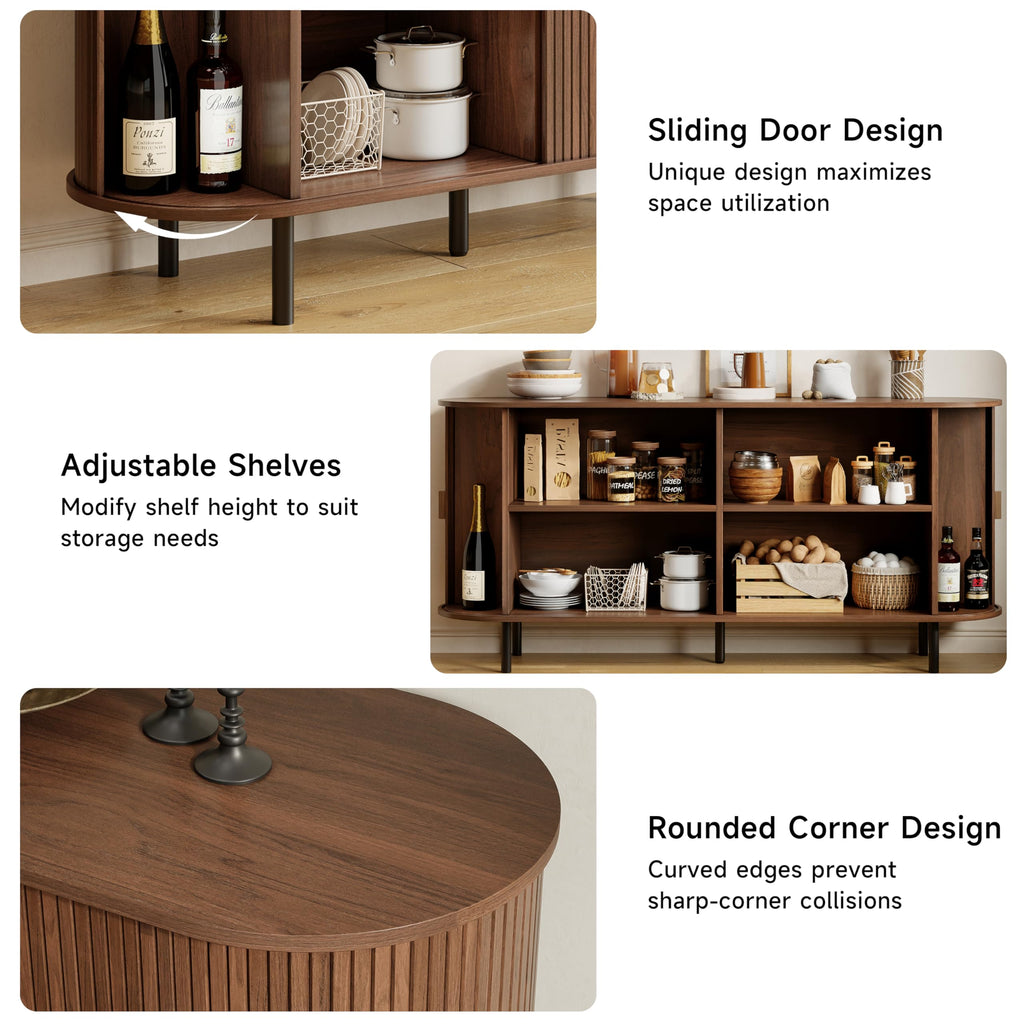 63" Fluted Buffet Sideboard Cabinet with Sliding Door, Walnut