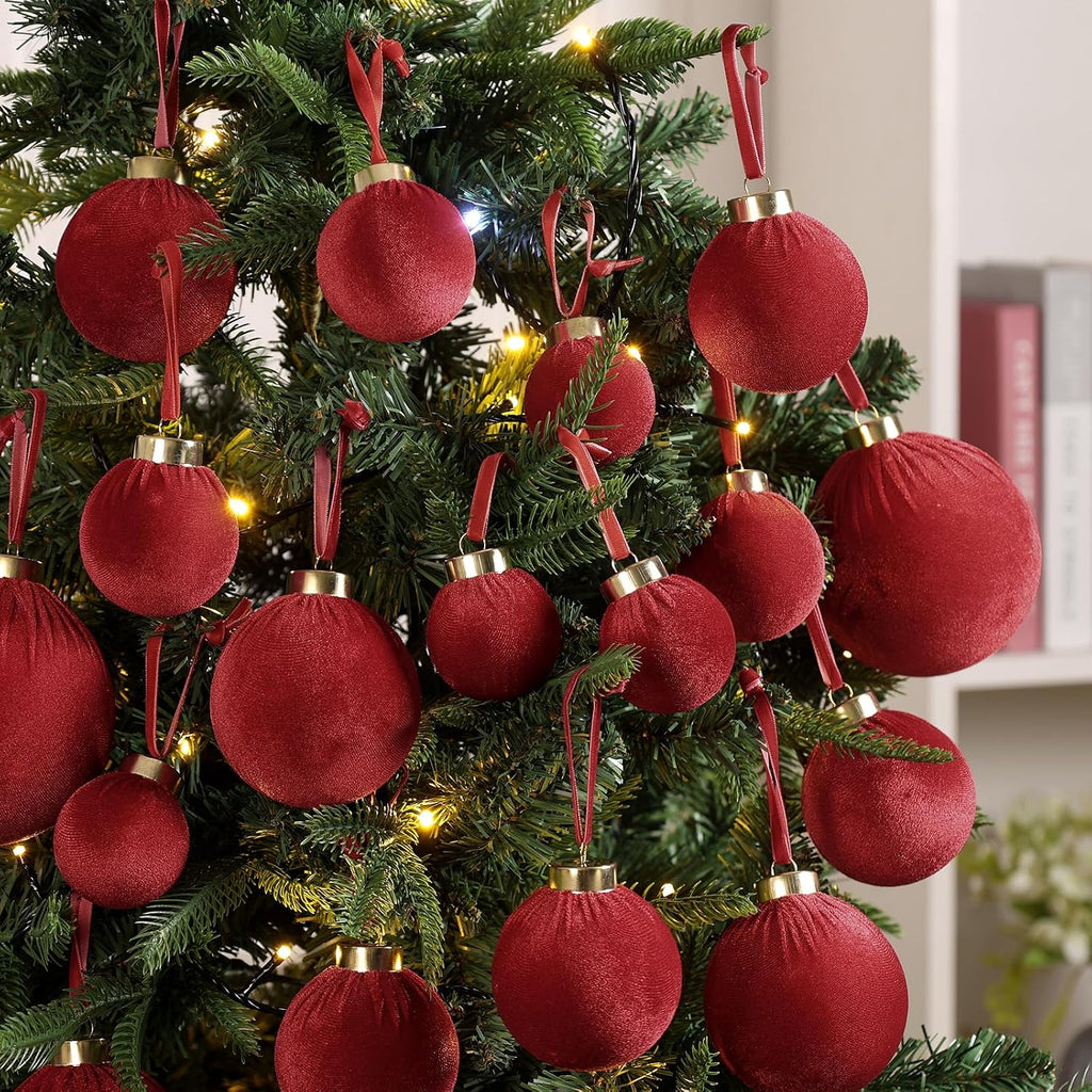 Velvet Christmas Balls Bulk, Flocked Christmas Tree Ornaments(Red) - Set of 48