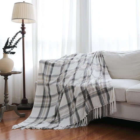 Farmhouse Plaid Chenille Throw Blanket, Velvety Grey Taupe and Ivory White Decorative Tartan Throw with Fringe, 50 x