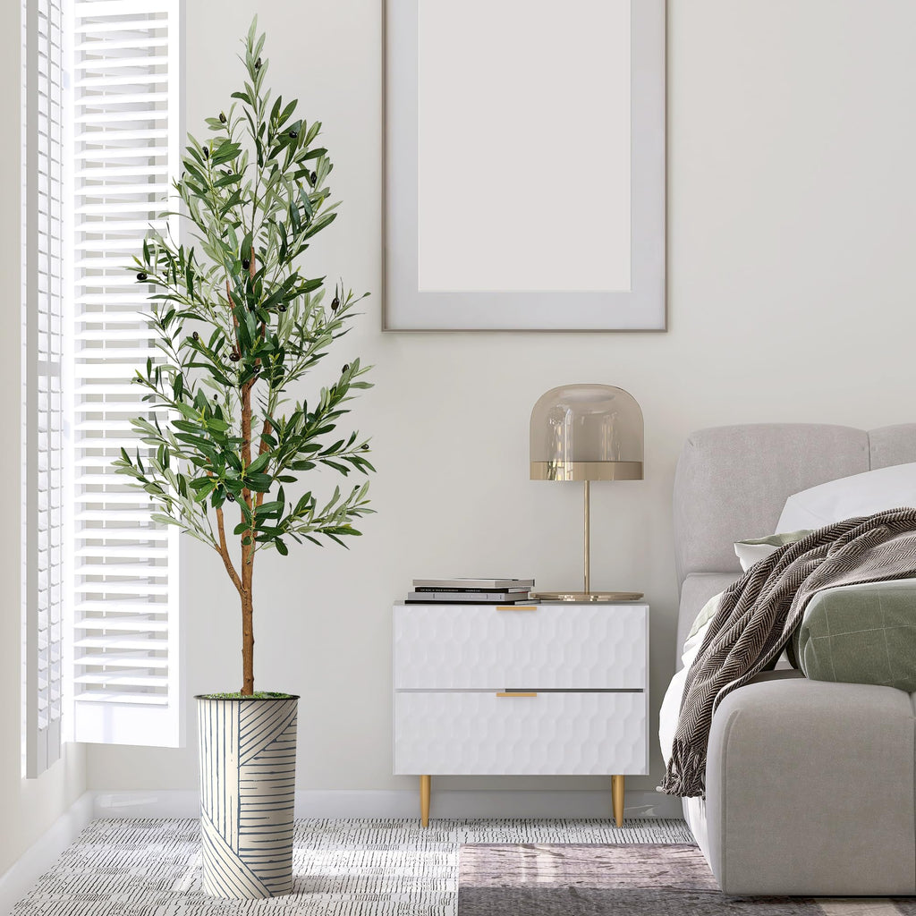 Artificial Tree in Geometric Pattern Planter, Fake Olive Silk Tree for Indoor and Outdoor Home Decoration - 68"