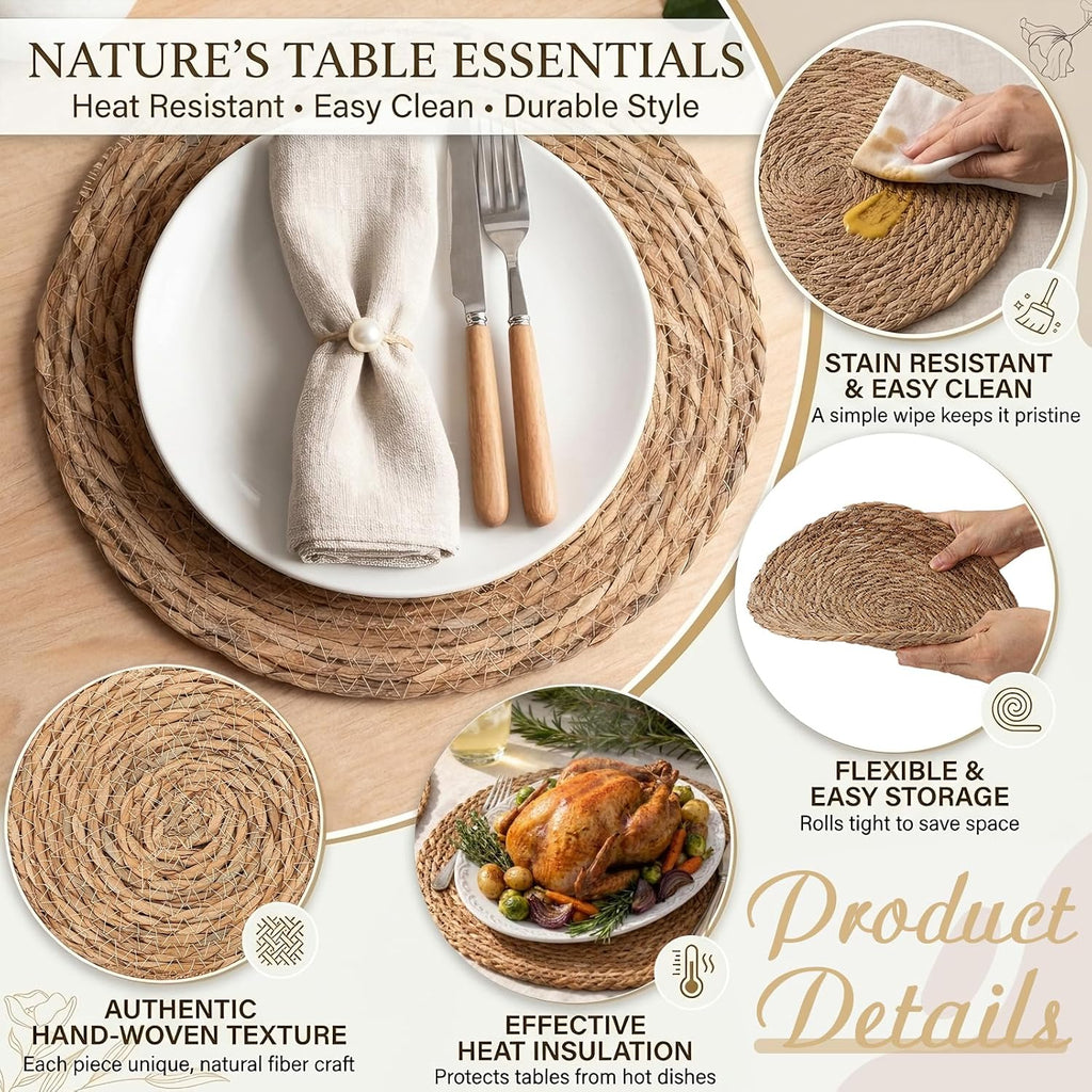 Woven Placemats Set of 6 with Water Hyacinth Storage Basket, Natural Woven Table Mats for Dining Table, Handmade Boho